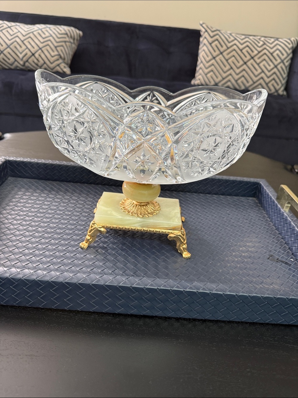 Cut Crystal Compote Bowl with Green Onyx and Gold Base